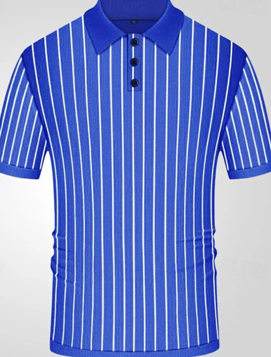 OUKU Men's Button Up Polos Golf Shirt Casual Sports Lapel Short Sleeve Fashion Basic Stripes Patchwork Buttons Summer Button Up Polos Blue
