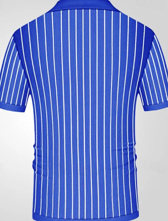 OUKU Men's Button Up Polos Golf Shirt Casual Sports Lapel Short Sleeve Fashion Basic Stripes Patchwork Buttons Summer Button Up Polos Blue