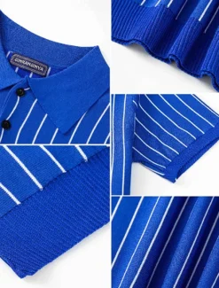 OUKU Men's Button Up Polos Golf Shirt Casual Sports Lapel Short Sleeve Fashion Basic Stripes Patchwork Buttons Summer Button Up Polos Blue