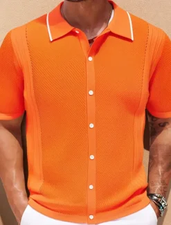 Hot OUKU Men's Button Up Polos Golf Shirt Casual Sports Lapel Short Sleeve Fashion Basic Plain Buttons Summer Blue Orange Gray Button Up Polos