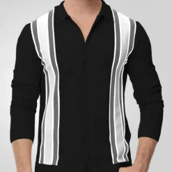 Discount OUKU Men's Button Up Polos Golf Shirt Casual Sports Lapel Long Sleeve Fashion Basic Color Block Stripes Patchwork Buttons Spring Fall Black Apricot Button Up Polos
