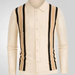 Discount OUKU Men's Button Up Polos Golf Shirt Casual Sports Lapel Long Sleeve Fashion Basic Color Block Stripes Patchwork Buttons Spring Fall Black Apricot Button Up Polos