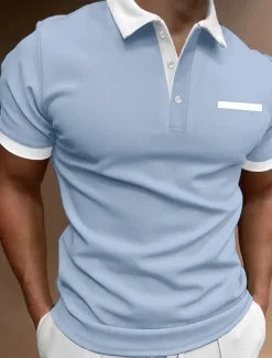 Sale OUKU Men's Button Up Polos Golf Shirt Casual Holiday Lapel Short Sleeve Fashion Basic Plain Classic Summer Regular Fit Navy Fire Red Light Sky Blue Black White Grey Button Up Polos