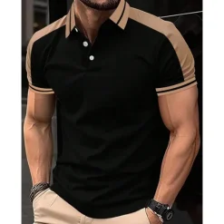 Clearance OUKU Men's Button Up Polos Golf Shirt Casual Holiday Lapel Short Sleeve Fashion Basic Color Block Patchwork Embroidered Summer Regular Fit Wine Black Navy Blue Green Light Blue Grey Button Up Polos