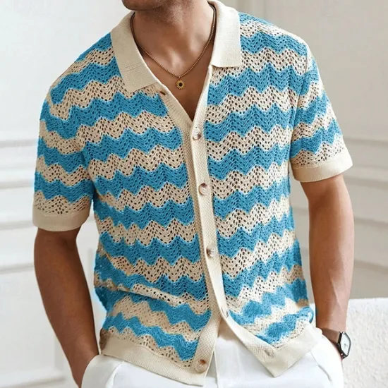 Outlet OUKU Men's Button Up Polos Golf Shirt Casual Sports Lapel Short Sleeve Fashion Basic Lines / Waves Buttons Summer Yellow Blue Brown Button Up Polos