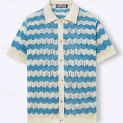 Outlet OUKU Men's Button Up Polos Golf Shirt Casual Sports Lapel Short Sleeve Fashion Basic Lines / Waves Buttons Summer Yellow Blue Brown Button Up Polos