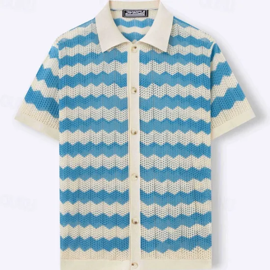 Outlet OUKU Men's Button Up Polos Golf Shirt Casual Sports Lapel Short Sleeve Fashion Basic Lines / Waves Buttons Summer Yellow Blue Brown Button Up Polos
