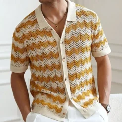 Outlet OUKU Men's Button Up Polos Golf Shirt Casual Sports Lapel Short Sleeve Fashion Basic Lines / Waves Buttons Summer Yellow Blue Brown Button Up Polos