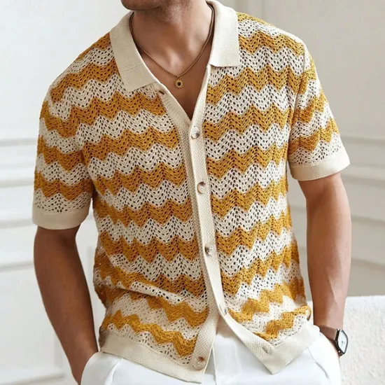 Outlet OUKU Men's Button Up Polos Golf Shirt Casual Sports Lapel Short Sleeve Fashion Basic Lines / Waves Buttons Summer Yellow Blue Brown Button Up Polos