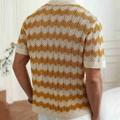 Outlet OUKU Men's Button Up Polos Golf Shirt Casual Sports Lapel Short Sleeve Fashion Basic Lines / Waves Buttons Summer Yellow Blue Brown Button Up Polos
