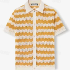 Outlet OUKU Men's Button Up Polos Golf Shirt Casual Sports Lapel Short Sleeve Fashion Basic Lines / Waves Buttons Summer Yellow Blue Brown Button Up Polos