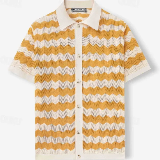 Outlet OUKU Men's Button Up Polos Golf Shirt Casual Sports Lapel Short Sleeve Fashion Basic Lines / Waves Buttons Summer Yellow Blue Brown Button Up Polos