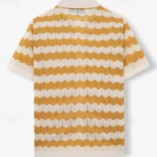 Outlet OUKU Men's Button Up Polos Golf Shirt Casual Sports Lapel Short Sleeve Fashion Basic Lines / Waves Buttons Summer Yellow Blue Brown Button Up Polos