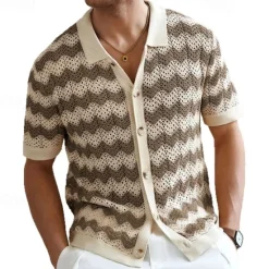 Outlet OUKU Men's Button Up Polos Golf Shirt Casual Sports Lapel Short Sleeve Fashion Basic Lines / Waves Buttons Summer Yellow Blue Brown Button Up Polos
