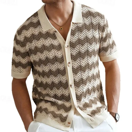 Outlet OUKU Men's Button Up Polos Golf Shirt Casual Sports Lapel Short Sleeve Fashion Basic Lines / Waves Buttons Summer Yellow Blue Brown Button Up Polos