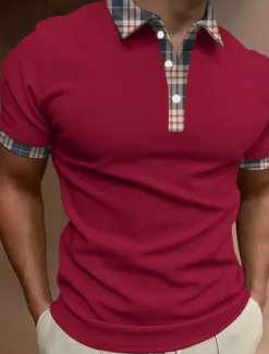 Best OUKU Men's Button Up Polos Polo Shirt Casual Sports Lapel Short Sleeve Fashion Basic Color Block Patchwork Button Summer Regular Fit Black White Red Brown Button Up Polos
