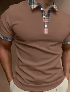 Best OUKU Men's Button Up Polos Polo Shirt Casual Sports Lapel Short Sleeve Fashion Basic Color Block Patchwork Button Summer Regular Fit Black White Red Brown Button Up Polos