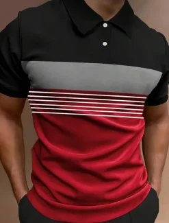 Clearance OUKU Men's Button Up Polos Polo Shirt Casual Sports Lapel Short Sleeve Fashion Basic Color Block Button Summer Regular Fit Fire Red Black White Army Green Dark Navy Dark Gray Button Up Polos
