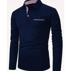 Best OUKU Men's Button Up Polos Polo Shirt Casual Sports Lapel Long Sleeve Fashion Basic Plain Patchwork Button Summer Regular Fit Black Red Navy Blue Button Up Polos