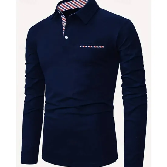 Best OUKU Men's Button Up Polos Polo Shirt Casual Sports Lapel Long Sleeve Fashion Basic Plain Patchwork Button Summer Regular Fit Black Red Navy Blue Button Up Polos