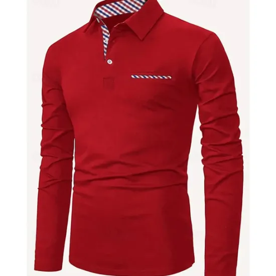 Best OUKU Men's Button Up Polos Polo Shirt Casual Sports Lapel Long Sleeve Fashion Basic Plain Patchwork Button Summer Regular Fit Black Red Navy Blue Button Up Polos