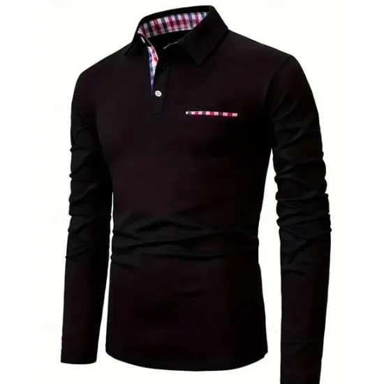 Best OUKU Men's Button Up Polos Polo Shirt Casual Sports Lapel Long Sleeve Fashion Basic Plain Patchwork Button Summer Regular Fit Black Red Navy Blue Button Up Polos