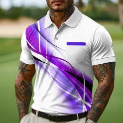 Outlet OUKU Men's Button Up Polos Street Casual Lapel Short Sleeve Fashion Modern Geometic Line Buttons Pocket Summer Blue Purple Green Gray Button Up Polos