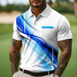 Outlet OUKU Men's Button Up Polos Street Casual Lapel Short Sleeve Fashion Modern Geometic Line Buttons Pocket Summer Blue Purple Green Gray Button Up Polos