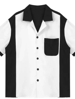 OUKU Men's Button Up Shirt Casual Shirt Bowling Shirt Camp Collar Shirt Cuban Collar Shirt Color Block Turndown White Blue Red & White Deep Blue Dark Grey Street Daily Wear Short Sleeve Patchwork
