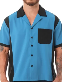 OUKU Men's Button Up Shirt Casual Shirt Bowling Shirt Camp Collar Shirt Cuban Collar Shirt Color Block Turndown White Blue Red & White Deep Blue Dark Grey Street Daily Wear Short Sleeve Patchwork