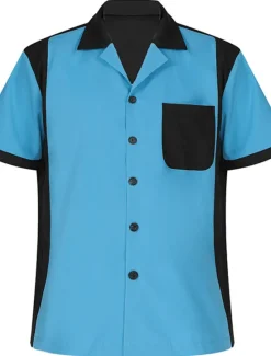 OUKU Men's Button Up Shirt Casual Shirt Bowling Shirt Camp Collar Shirt Cuban Collar Shirt Color Block Turndown White Blue Red & White Deep Blue Dark Grey Street Daily Wear Short Sleeve Patchwork