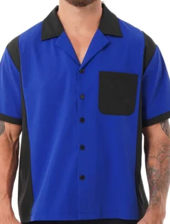 OUKU Men's Button Up Shirt Casual Shirt Bowling Shirt Camp Collar Shirt Cuban Collar Shirt Color Block Turndown White Blue Red & White Deep Blue Dark Grey Street Daily Wear Short Sleeve Patchwork