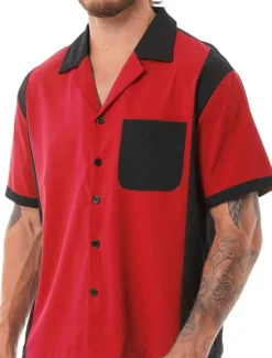 OUKU Men's Button Up Shirt Casual Shirt Bowling Shirt Camp Collar Shirt Cuban Collar Shirt Color Block Turndown White Blue Red & White Deep Blue Dark Grey Street Daily Wear Short Sleeve Patchwork