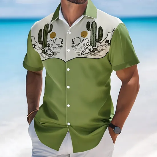 Sale OUKU Men's Cactus Tropical Plants Shirt Summer Hawaiian Shirt Button Up Shirt Short Sleeve Hawaiian Vacation Holiday Beach Wear Summer Spring Turndown 3D Print Collared Shirts Green