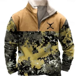 OUKU Men's Camo / Camouflage Cowboy Sweatshirt Quarter Zip Sweatshirt Long Sleeve Sweatshirt Stand Collar Quarter Zip Casual Vintage Retro 3D Print Vacation Going out Streetwear Half Zip Fall Winter