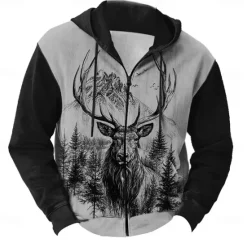 New OUKU Men's Camo Deer Hoodies Fashion Daily Long Sleeve Hooded Vacation Hunting Black Brown Drawstring Zipper Fall Winter Designer