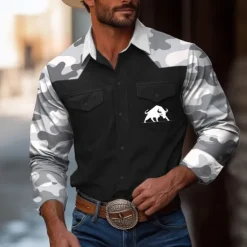 OUKU Men's Camouflage Bull Shirt Western Shirt Cowboy Shirt Long Sleeve Vintage Western Style Outdoor Daily WorkWear Fall & Winter Turndown 3D Print Front Two Pockets Button Up Shirts Black White Gray