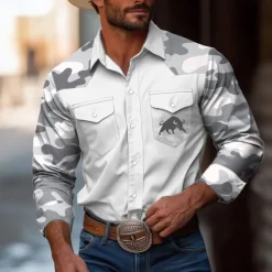 OUKU Men's Camouflage Bull Shirt Western Shirt Cowboy Shirt Long Sleeve Vintage Western Style Outdoor Daily WorkWear Fall & Winter Turndown 3D Print Front Two Pockets Button Up Shirts Black White Gray