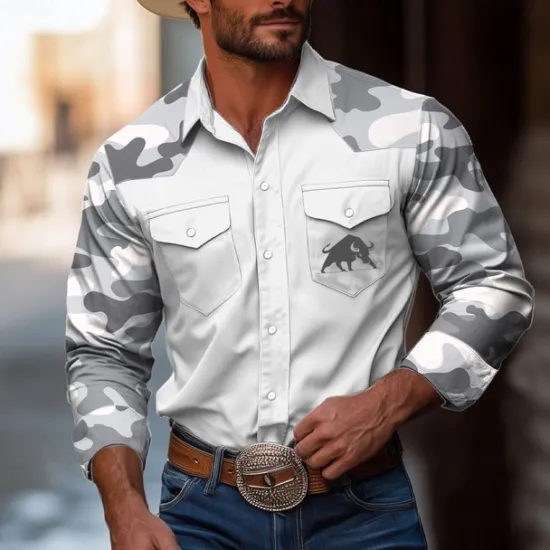 OUKU Men's Camouflage Bull Shirt Western Shirt Cowboy Shirt Long Sleeve Vintage Western Style Outdoor Daily WorkWear Fall & Winter Turndown 3D Print Front Two Pockets Button Up Shirts Black White Gray