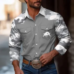 OUKU Men's Camouflage Bull Shirt Western Shirt Cowboy Shirt Long Sleeve Vintage Western Style Outdoor Daily WorkWear Fall & Winter Turndown 3D Print Front Two Pockets Button Up Shirts Black White Gray