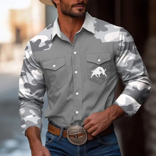 OUKU Men's Camouflage Bull Shirt Western Shirt Cowboy Shirt Long Sleeve Vintage Western Style Outdoor Daily WorkWear Fall & Winter Turndown 3D Print Front Two Pockets Button Up Shirts Black White Gray