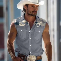 OUKU Men's Camouflage Shirt Western Shirt Cowboy Shirt Sleeveless Western Style Outdoor Work Causal Summer Spring Turndown Collared Shirts Light Khaki Blue Gray