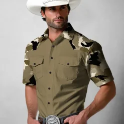 Sale OUKU Men's Camouflage Western Shirt Button Up Shirt Cowboy Shirt Long Sleeve Western Vintage Retro Outdoor Casual Spring Fall Turndown Collared Shirts Front Two Pockets Dark Khaki Brown Khaki