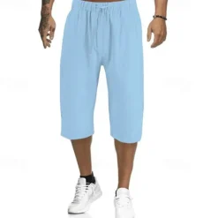 Clearance OUKU Men's Capri Pants Linen Shorts Summer Shorts Beach Shorts Pocket Drawstring Elastic Waist Plain Comfort Breathable Calf-Length Vacation Holiday Beach Hawaiian Boho Black White