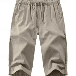 Clearance OUKU Men's Capri Pants Linen Shorts Summer Shorts Beach Shorts Pocket Drawstring Elastic Waist Plain Comfort Breathable Calf-Length Vacation Holiday Beach Hawaiian Boho Black White