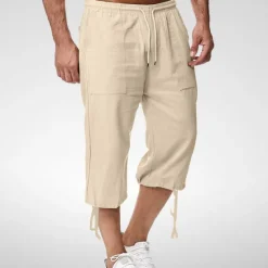 Best OUKU Men's Capri Pants Linen Shorts Summer Shorts Beach Shorts Pocket Elastic Waist Drawstring Plain Soft Breathable Calf-Length Sports Outdoor Casual Black Blue