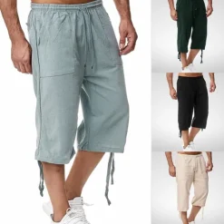 Best OUKU Men's Capri Pants Linen Shorts Summer Shorts Beach Shorts Pocket Elastic Waist Drawstring Plain Soft Breathable Calf-Length Sports Outdoor Casual Black Blue