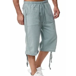 Best OUKU Men's Capri Pants Linen Shorts Summer Shorts Beach Shorts Pocket Elastic Waist Drawstring Plain Soft Breathable Calf-Length Sports Outdoor Casual Black Blue