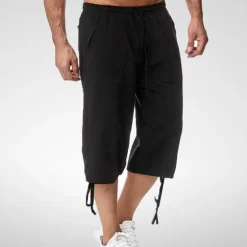 Best OUKU Men's Capri Pants Linen Shorts Summer Shorts Beach Shorts Pocket Elastic Waist Drawstring Plain Soft Breathable Calf-Length Sports Outdoor Casual Black Blue