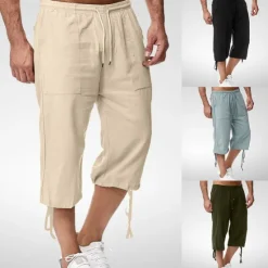 Best OUKU Men's Capri Pants Linen Shorts Summer Shorts Beach Shorts Pocket Elastic Waist Drawstring Plain Soft Breathable Calf-Length Sports Outdoor Casual Black Blue
